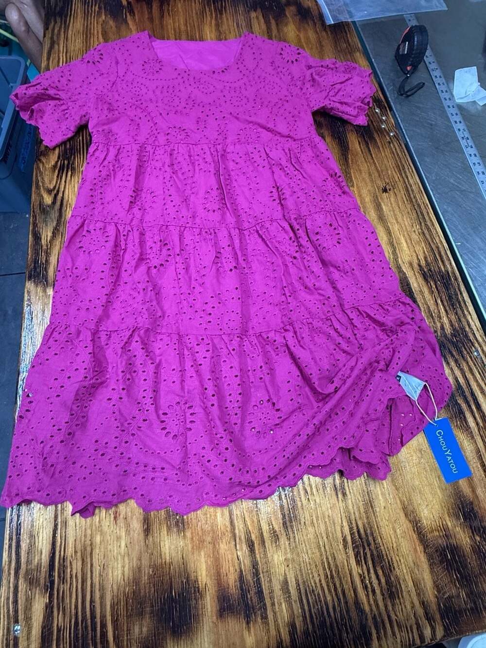 Chouyatou Size XL Pink Eyelet Tiered Dress